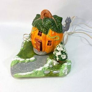 Vtg 2 Pc Scioto Molds Ceramic 1980/90s Pumpkin House Snowy Yard Trees w Light